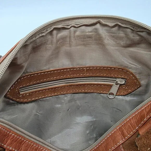 Vintage Brown Suede Satchel Embroidered Details & Multiple Zipper Pockets - Picture 10 of 13